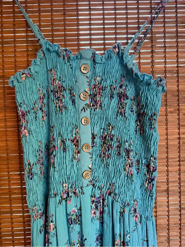 Vintage Angie Turquoise Floral Smocked Cottagecore Midi Dress M - Image 3