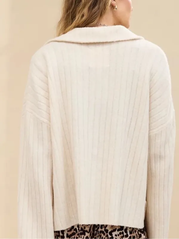 Aerie unREAL Ribbed Cardigan Sweater Collared Button Front Cozy‎ Cream Medium - Image 9