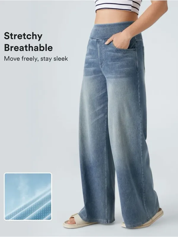 Halara Flex Wide Leg Jeans L Blue Pull On High Waisted Stretch Denim - Image 3