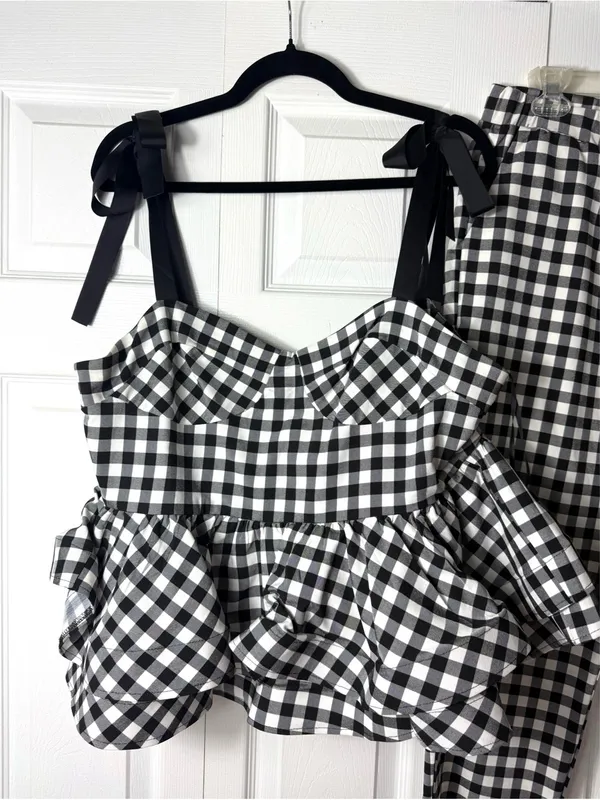 Shein Black White Gingham Check Peplum Top Pants Matching Set Size XL NWOT - Image 2