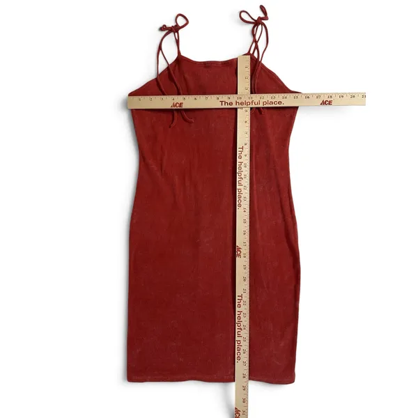 Double Zero Dress L Rust Ribbed Bodycon Mini Tie Shoulder Stretch Cotton - Image 3