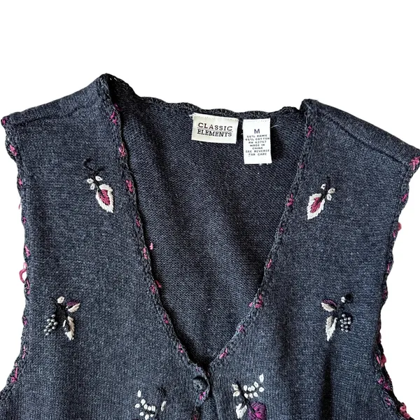 Vintage 90s Classic Elements Floral Embroidered Button Up Vest Medium Charcoal - Image 2