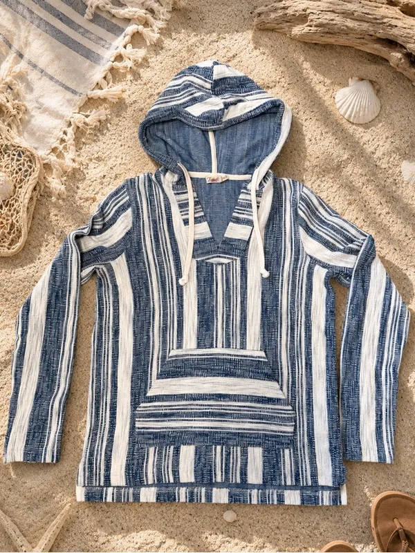 Faherty Islet Striped Poncho XS Blue Cream Hooded Coastal Baja Pullover‎ Sweater - Image 2
