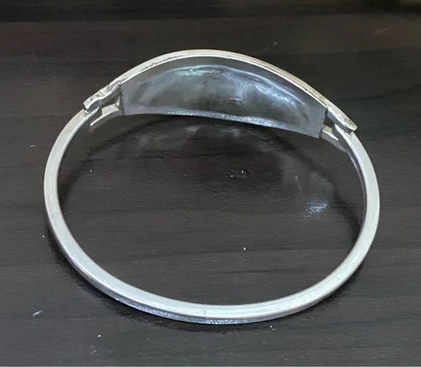Vintage Alpaca Mexico Mexican Silver Mother of Pearl Inlaid ID Cuff Bracelet - Image 9