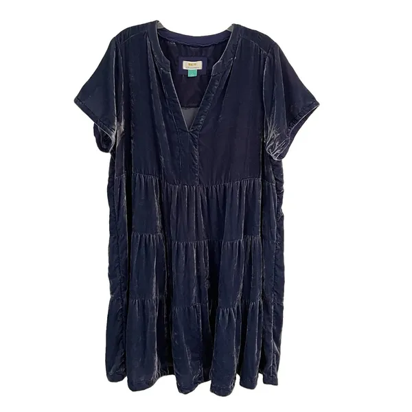 Anthropologie Maeve Harper Crushed‎ Velvet Dress Women's 1X Blue Teired Babydoll - Image 2