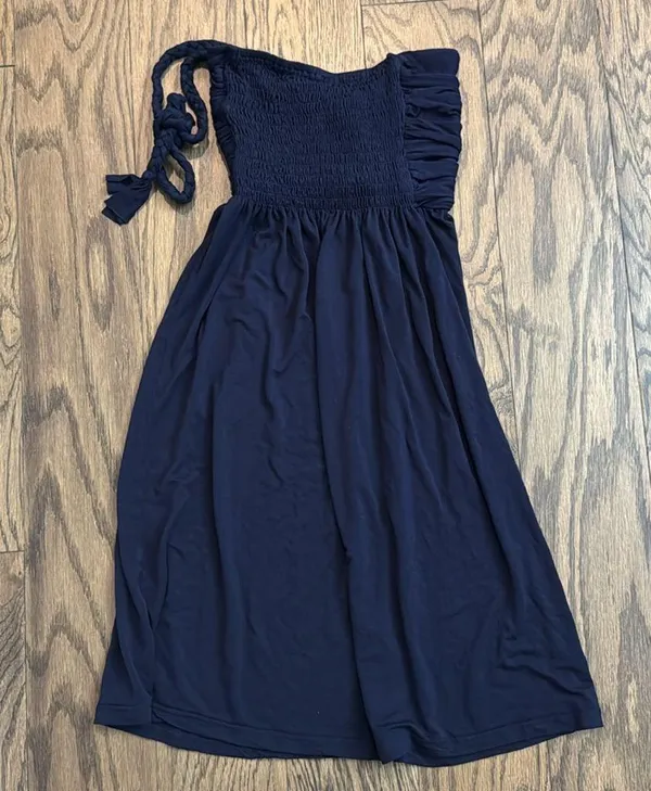 Navy Blue Halter Dress with Flower Detail - Image 2