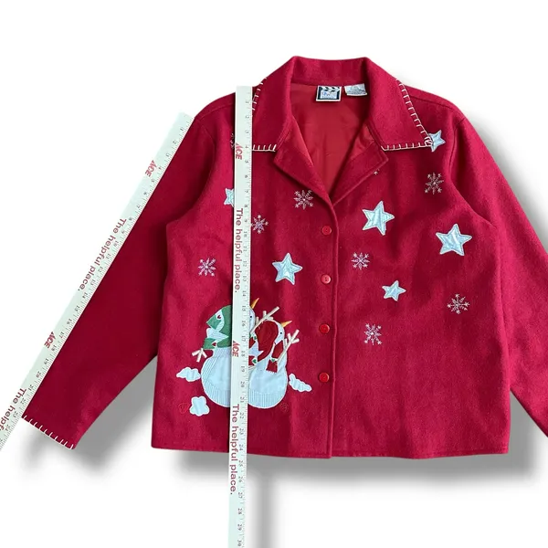 Take‎ Two Red Wool Blend Holiday Jacket Snowman Embroidered Christmas Women’s L - Image 4