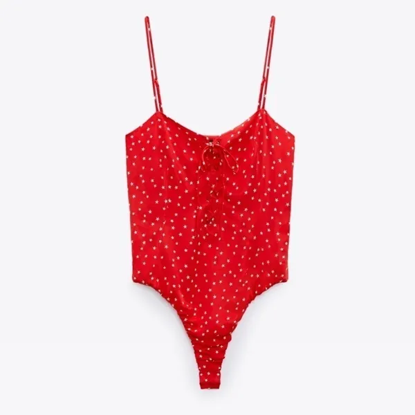 NWT Zara Satin Star Print Thong Bodysuit‎ in Red Size Medium - Image 5