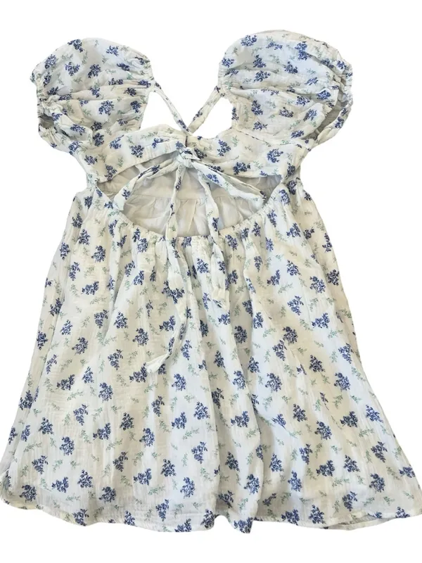 Princess Polly Blue Floral Puff Sleeve Mini Dress Cotton White Tie Back US 8 - Image 9