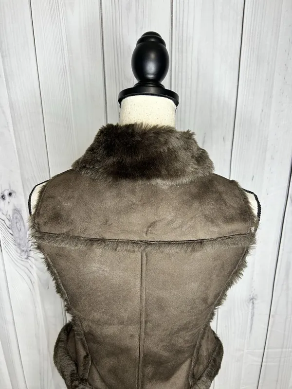 Bebe Faux Fur Suede Vest Womens Sz XS Brown Full Zip Vintage - Image 6