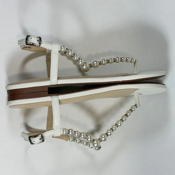 Betsey Johnson Size-6.5 Women Flat Sandals‎ Gal Pearl Strap White - Image 7