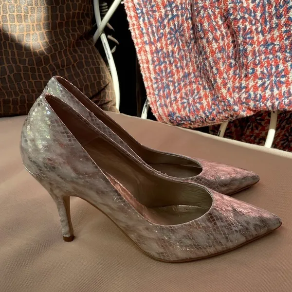 Sacha‎ London Snake Leather Pointed Toe Pump Silver Size 9 - Image 5