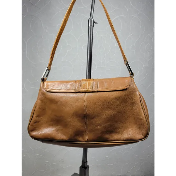 VTG Franco Sarto Y2K Leather Shoulder Bag Tan Alligator Trim Baguette Purse - Image 7