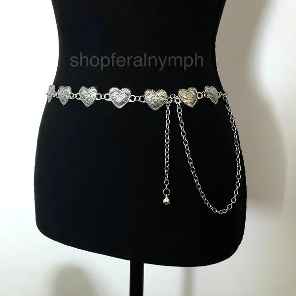 Vintage Y2K Ornate Silver Heart Chain Belt, Fits 13.5–44.5 Inches, X7GA1223 - Image 4