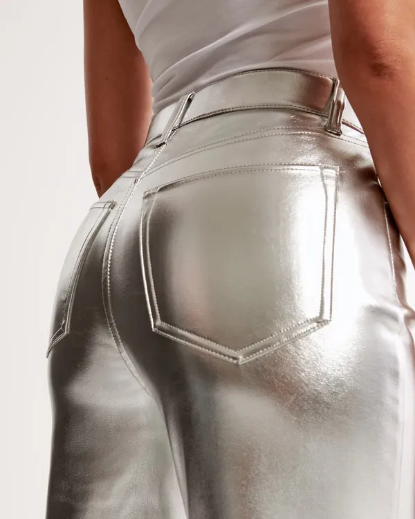 Abercrombie & Fitch Curve Love Vegan Leather 90’s Straight Pant In Silver - Image 3