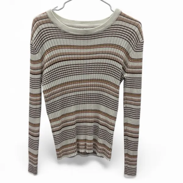 Nine West Striped Ribbed Long Sleeve Knit Top Ivory Brown Juniors XL - Image 6