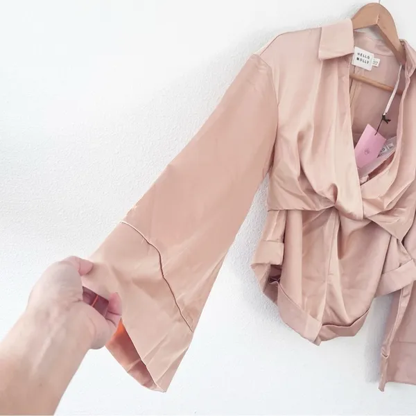 Hello Molly Girls On Top Satin Playsuit Tan Romper Glam Tie Waist - Image 6