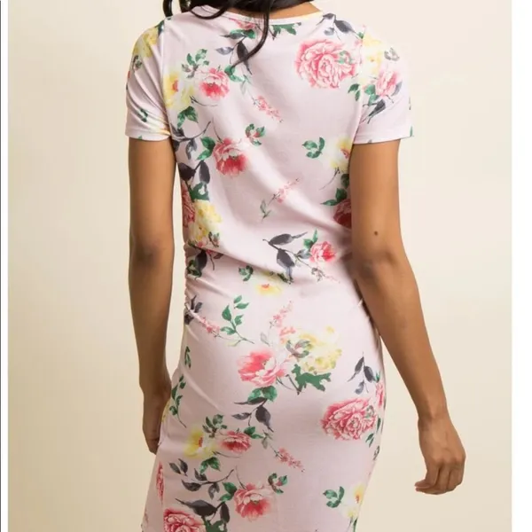 PinkBlush Pink Floral‎ Fitted Ruched Short Sleeve Maternity Dress Size S - Image 2