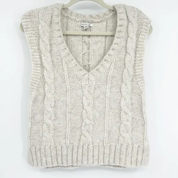 American Eagle Womens Wool Blend Fisherman Cable Knit Sweater‎ Vest Size S Beige - Image 4