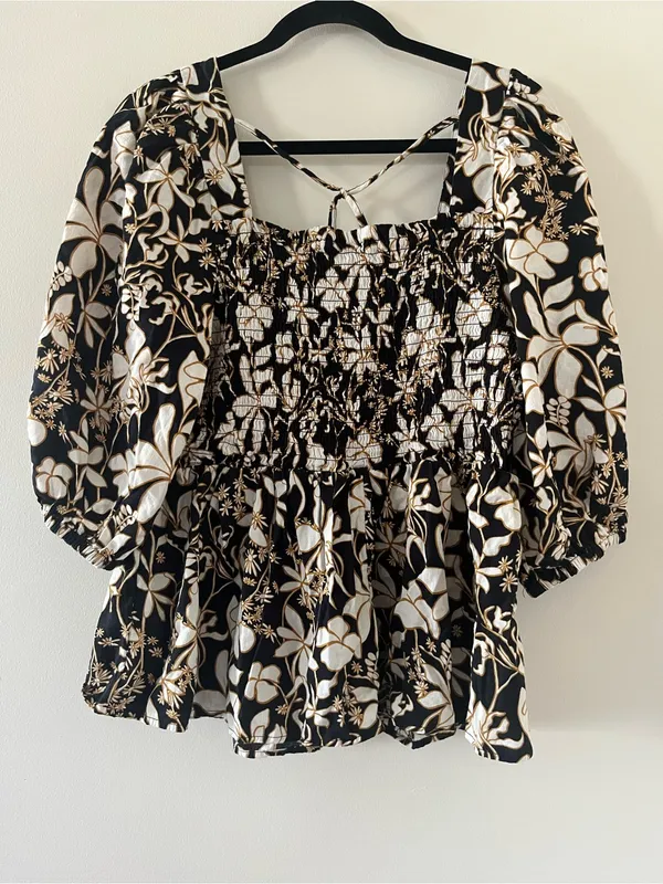 Black Tan White Floral Smocked Babydoll Puff Sleeve Peasant Top 2X Cottagecore - Image 5