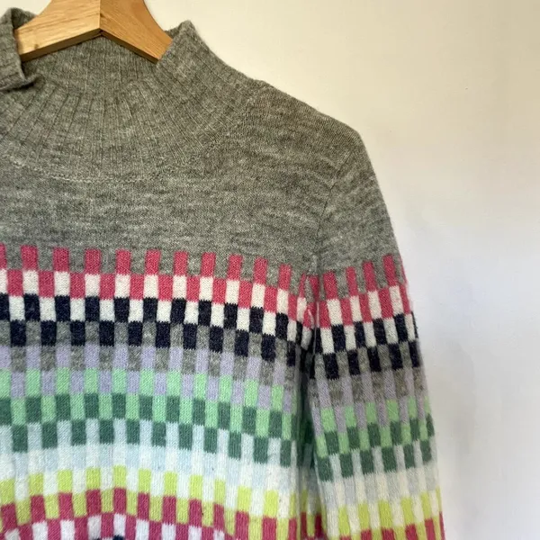 LOFT gray wool blend colorful‎ center stripe women's size L turtleneck sweater - Image 2