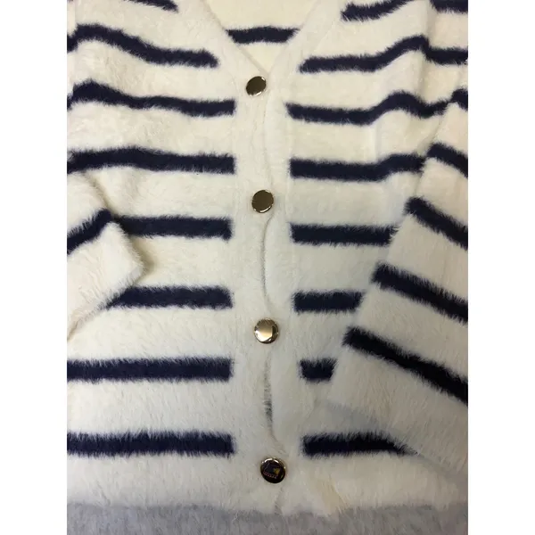 A New Day Womens 1X Navy White Striped Fuzzy Knit Cardigan Gold Buttons NEW - Image 2