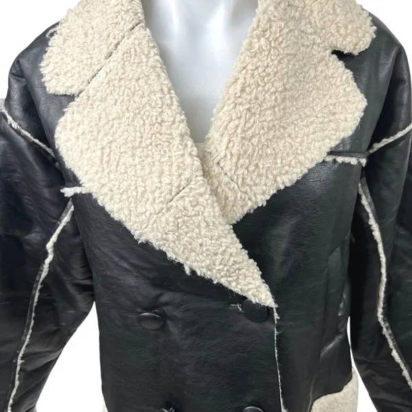 Nasty Gal Black Vegan Faux Leather Fleece Double Breasted Aviator Coat Jacket 4 - Image 3