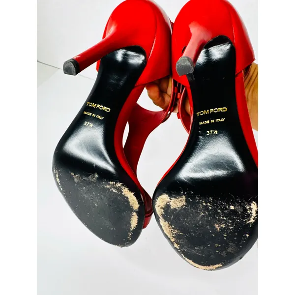 Tom Ford Red Leather Buckle T Strap High Heel Sandals EU 37.5 - Image 6