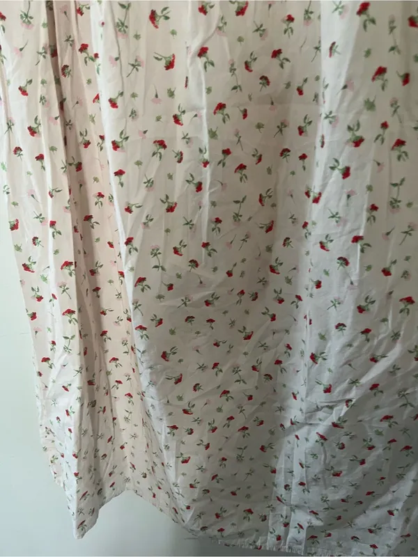 Cream Red Ditsy Floral Print Cottagecore Milkmaid Puff Sleeve Midi Dress Medium - Image 3