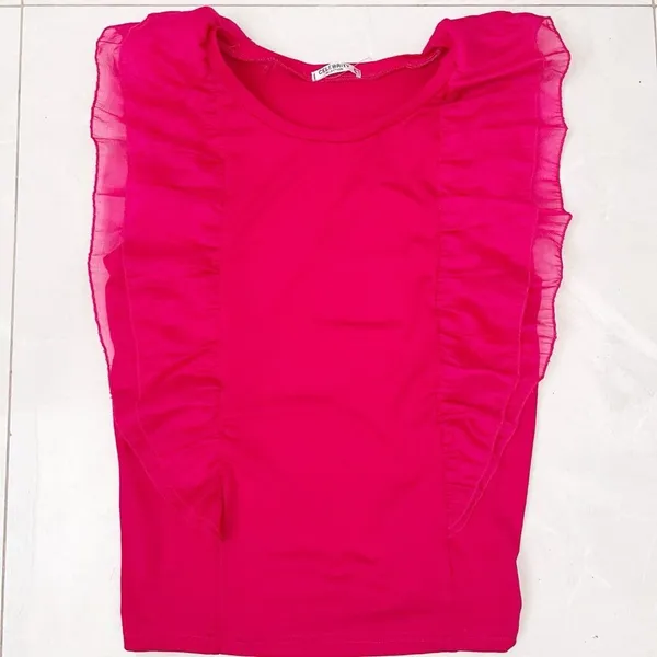 NEW Celebrity Hot Pink Ruffle Flutter Sleeve Top Fuchsia Organza LARGE - Image 4