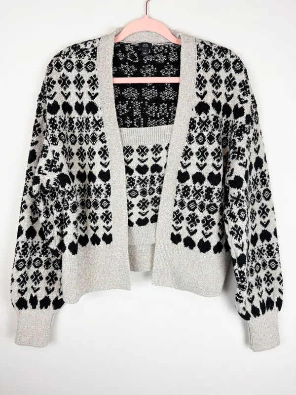 River Island Gray Black Fair Isle Patterned Cardigan Sweater Tank Matching Set - Image 2