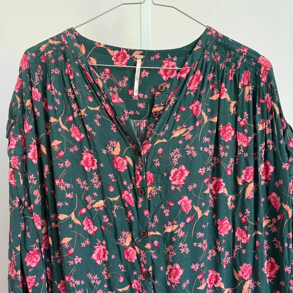 Free People Floral Mini Babydoll Dress Button Front Long Sleeve Green Pink M‎ - Image 4