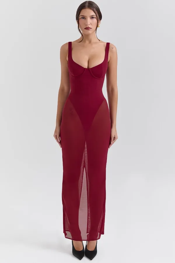 House of CB Robina Wine Stretch Mesh Maxi Dress - Image 3