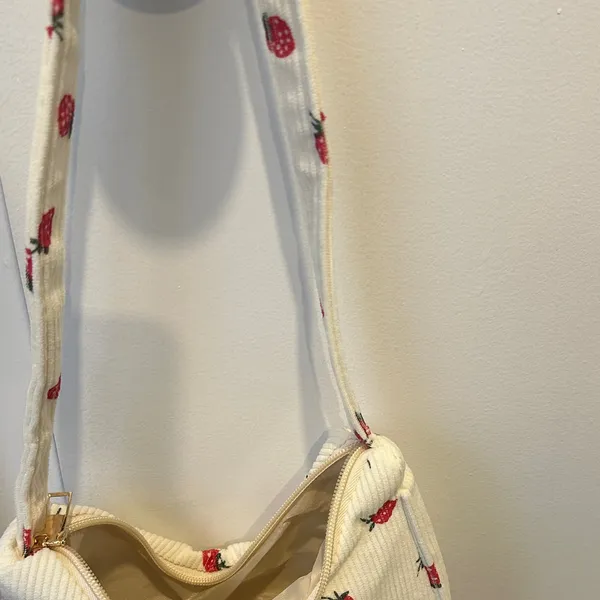 Strawberry Print Cream Shoulder Bag Red - Image 4