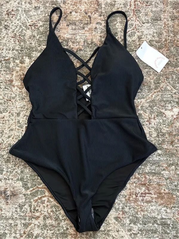 Anthropologie Dippin Daisys Bliss Ribbed One Piece Black Swimsuit Medium - Image 2