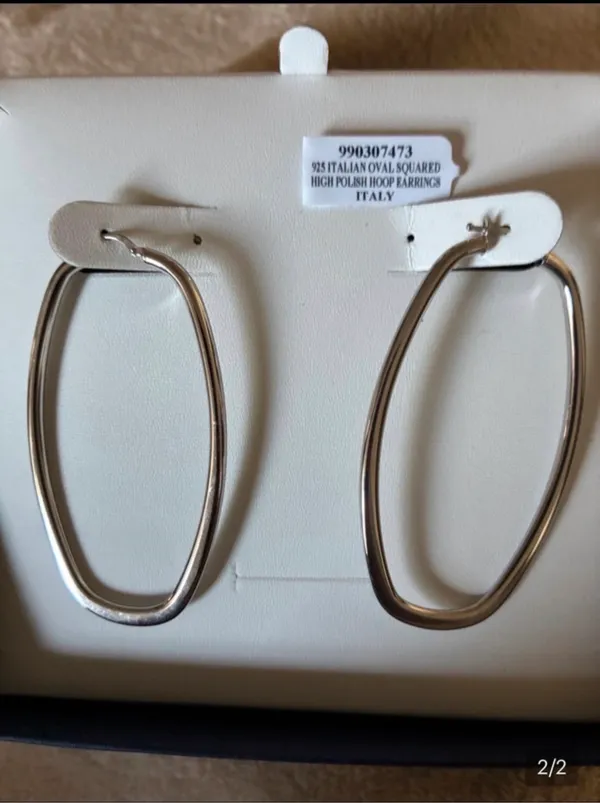 925 Italian Elegant Silver Oval Square Hoop Earrings - Image 2