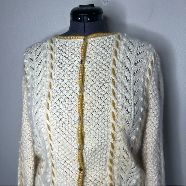 Hand Knit Cream Cable Knit Textured Cinched Waist Button Front Cardigan - Image 4