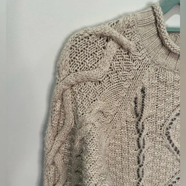 J. Crew NWT Chunky Cable Knit‎ Beaded Sweater Tan XL Merino Wool Blend - Image 2