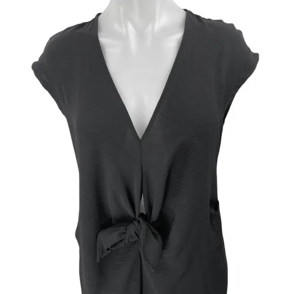 Zara Black Short Cap Sleeve Pocket Deep V Neck Tie Front Wrap Midi Dress Size M - Image 3