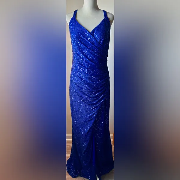 LA FEMME Curve Blue Sequin Formal Thigh‎ Slit Open Back Dress Sz 16 Homecoming - Image 5