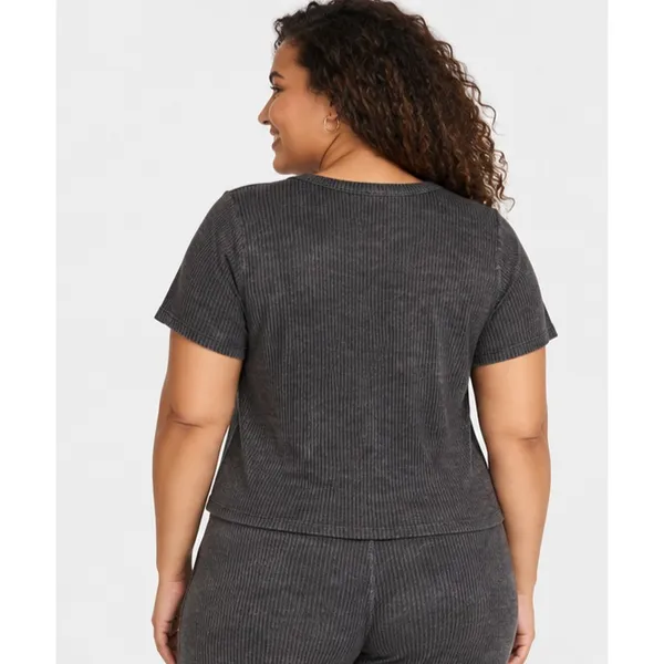 Jockey Womens Luxe Lounge Henley Size XL Dark Gray Brushed Ribbed Crop Top - Image 3