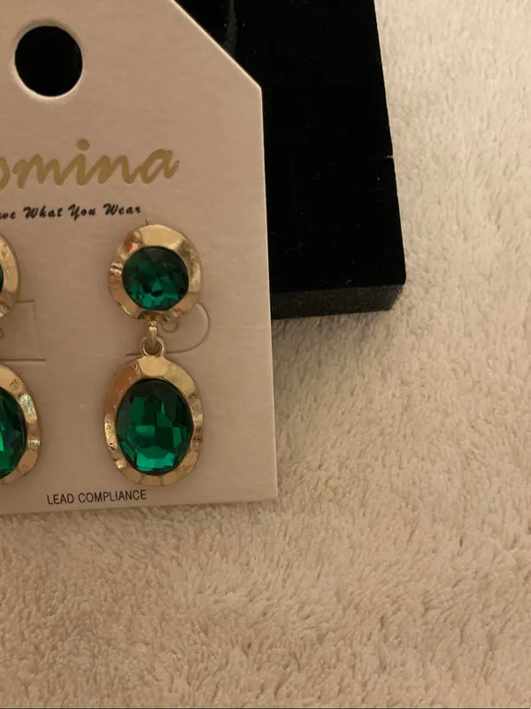 Gold-Tone Drop Earrings with Emerald Green Gemstones - Image 3