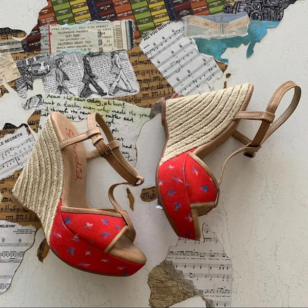 Splendid Luau Fiesta Red Floral Y2K Espadrille Wedge Sandals Women's Size 6 - Image 6