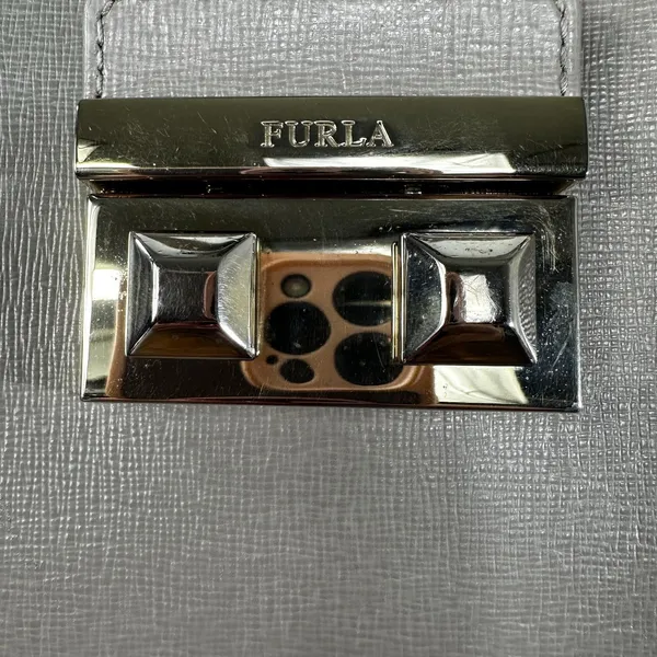 Furla Satchel Crossbody Bag Womens Small Gray Leather Top Handle Gold Hardware - Image 6