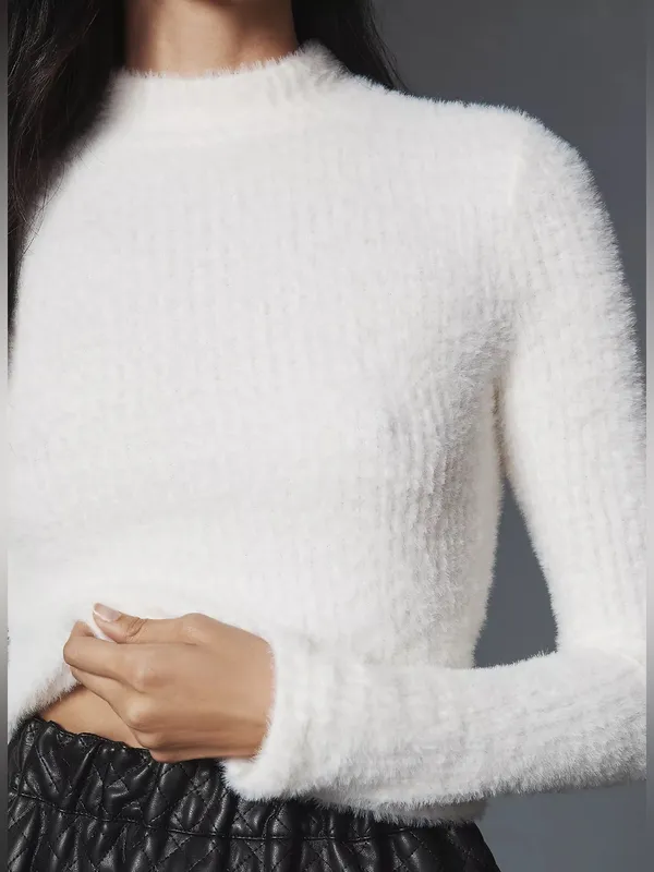 By Anthropologie Mock-Neck Fuzzy Long Sleeve White Sweater Top - Image 2