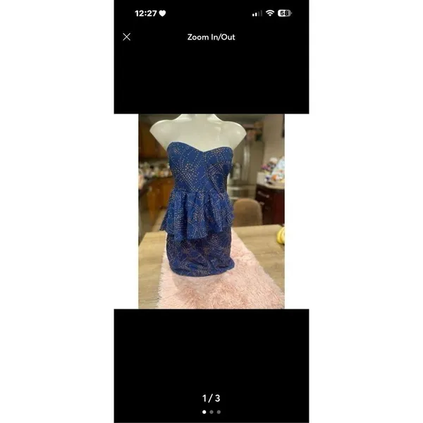 Every Strapless Peplum Mini Dress Womens Size Small Blue Tan Polka Dot Smocked B - Image 4