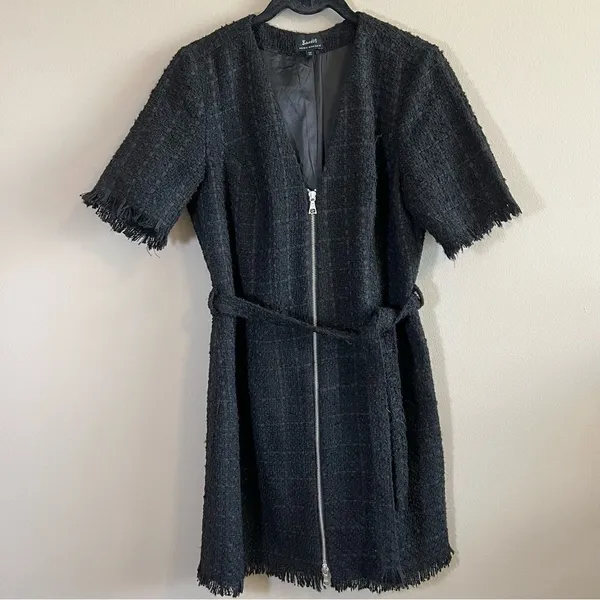 ✨ Bardot Boucle Tweed Zip Front Frayed Hem Dress‎ Medium 8 Black - Image 3