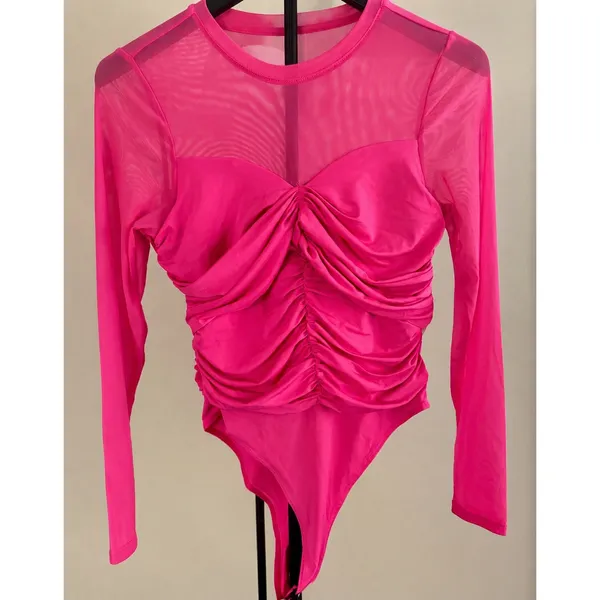 Halara Hot Pink Mesh Long‎ Sleeve Bodysuit Size M NWT - Image 2