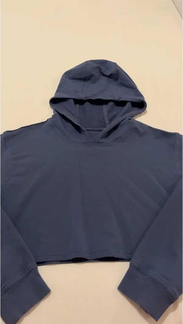 Womens Blue Solid Cropped Pullover Hoodie Sweatshirt Hooded Long Sleeve - Image 2