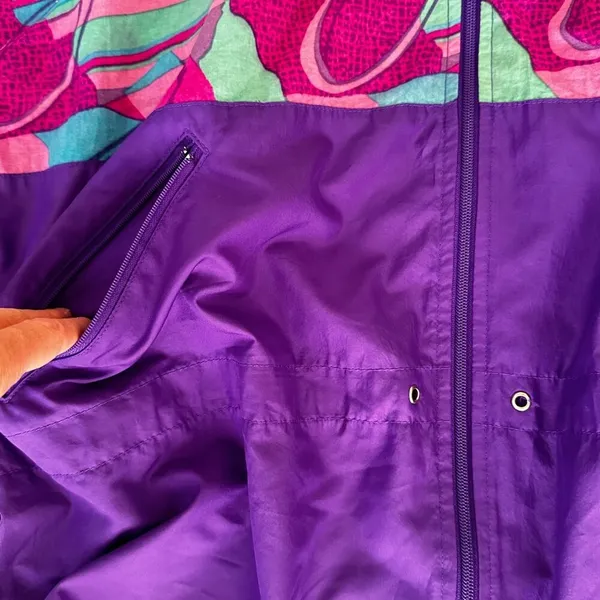 Vinatge 90s Reebok Windbreaker Cinch Waist Full Zip Green/Purple Abstract Design - Image 8